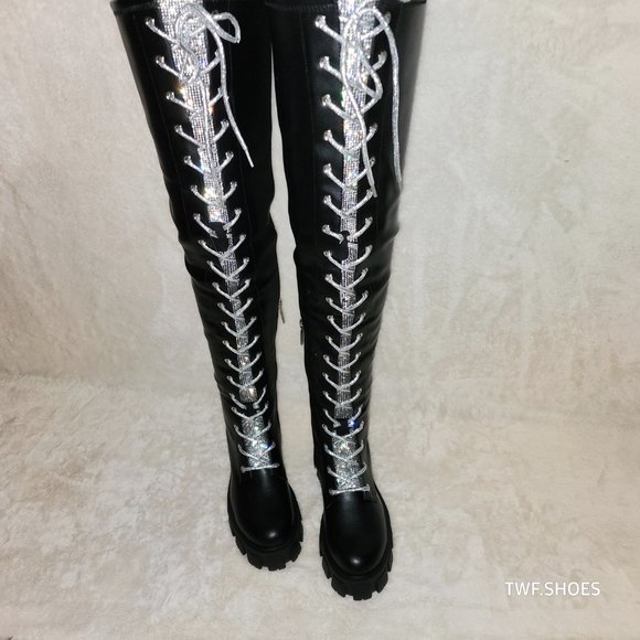Roscoe Black Combat Thigh High Boots Iridescent Rhinestone Tongue Metallic Laces - Picture 10 of 14